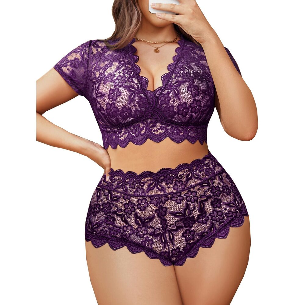 5490 Plus Size Lingerie Plus Floral Lace Scallop Trim Lingerie Set Deep V